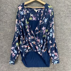 Terra & Sky Top Women XL Blue Floral Long Sleeve Wrap Asymmetric